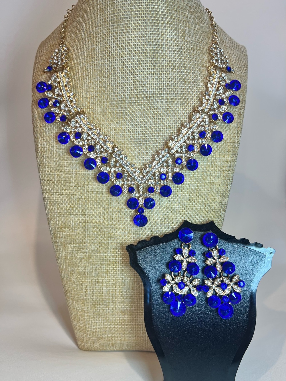 Cobalt NEW Bridal Party Blue Crystal Rhinestone Statement Necklace Earrings Set